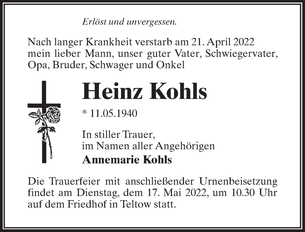  Traueranzeige für Heinz Kohls vom 07.05.2022 aus Märkischen Allgemeine Zeitung