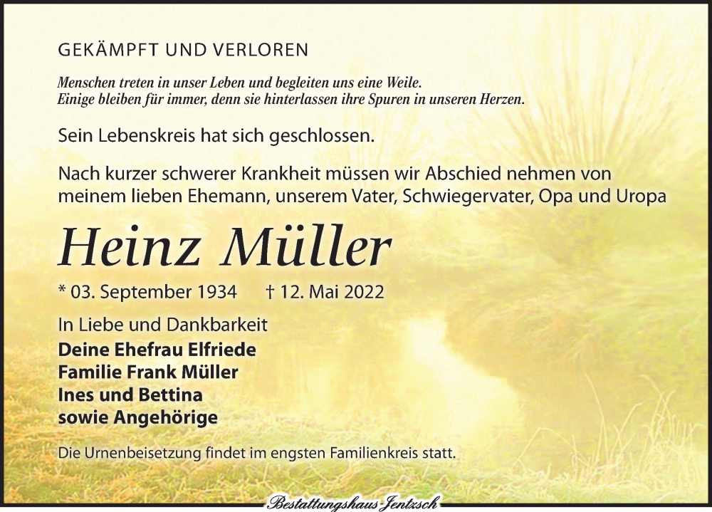  Traueranzeige für Heinz Müller vom 21.05.2022 aus Leipziger Volkszeitung