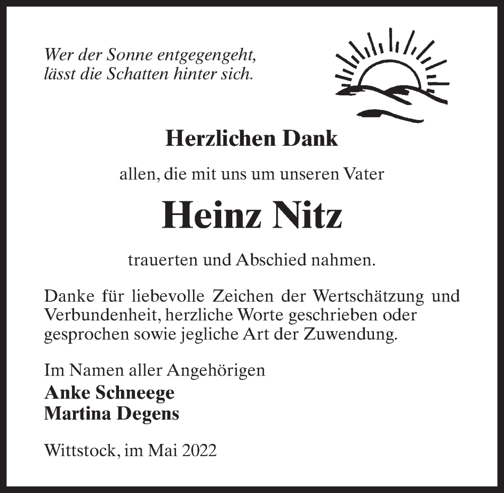  Traueranzeige für Heinz Nitz vom 14.05.2022 aus Märkischen Allgemeine Zeitung