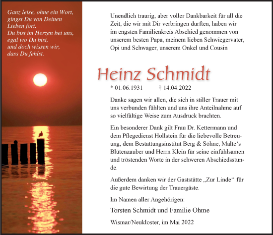 Traueranzeige von Heinz Schmidt von Ostsee-Zeitung GmbH
