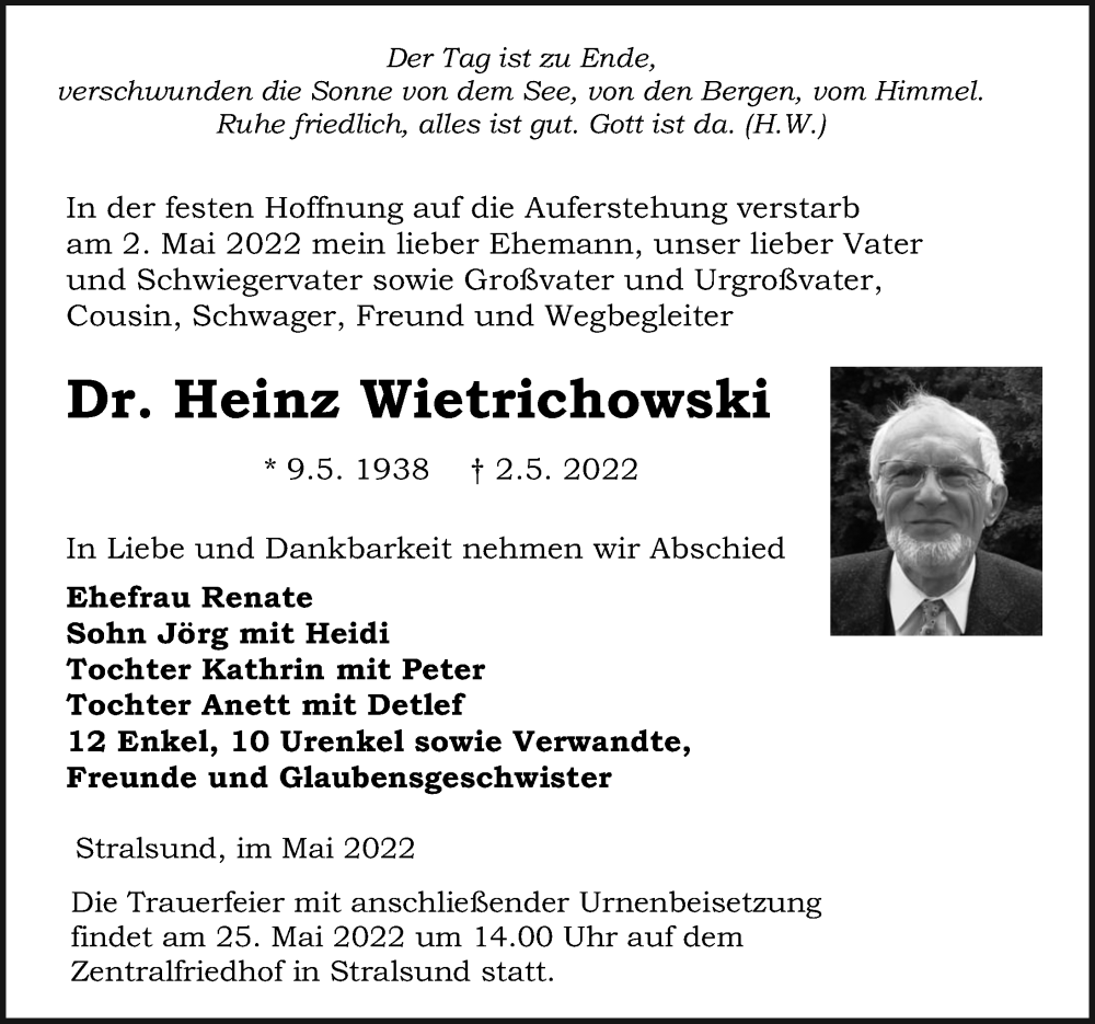  Traueranzeige für Heinz Wietrichowski vom 14.05.2022 aus Ostsee-Zeitung GmbH