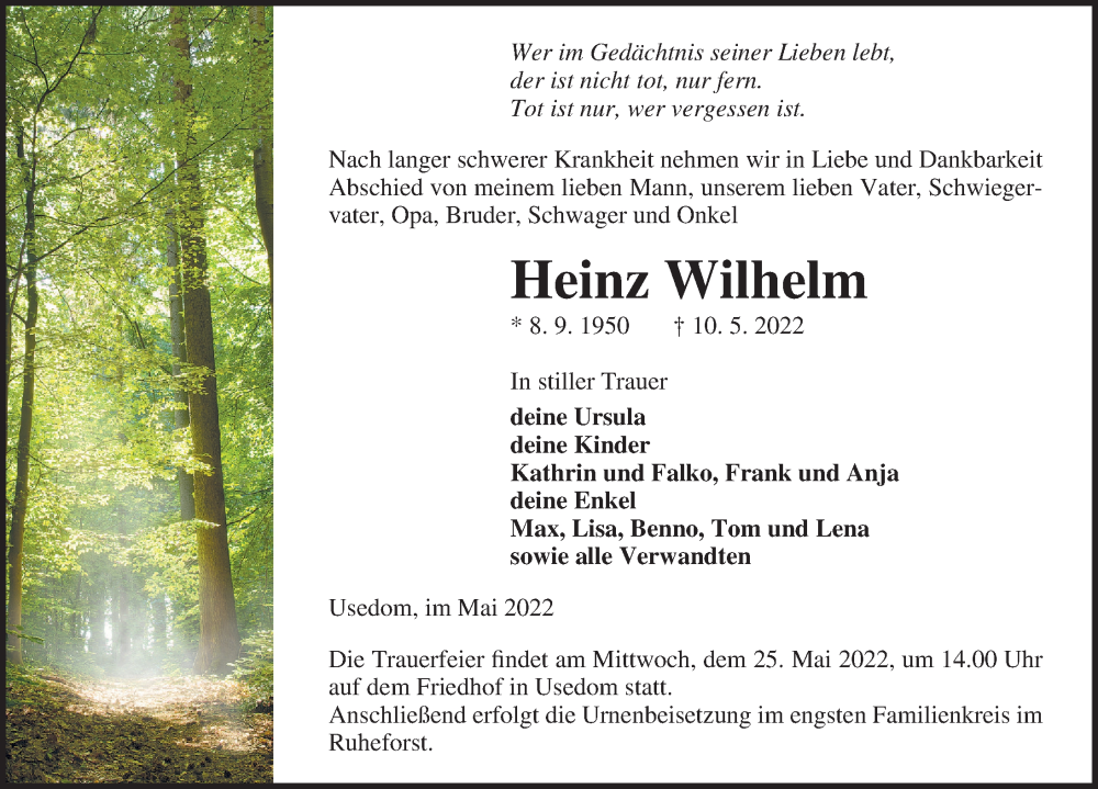  Traueranzeige für Heinz Wilhelm vom 14.05.2022 aus Ostsee-Zeitung GmbH