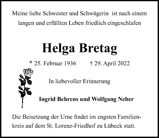 Traueranzeige von Helga Bretag von Lübecker Nachrichten