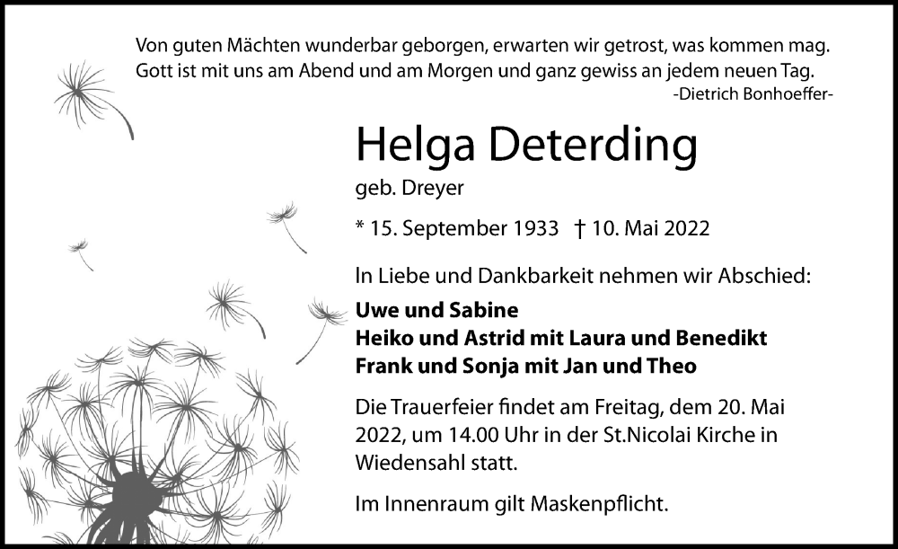  Traueranzeige für Helga Deterding vom 17.05.2022 aus Schaumburger Nachrichten