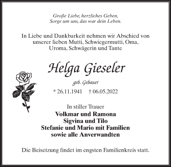 Traueranzeige von Helga Gieseler von Märkischen Allgemeine Zeitung