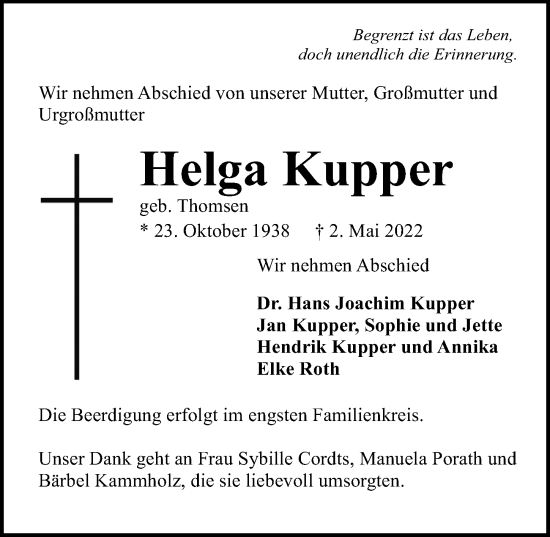 Traueranzeige von Helga Kupper von Lübecker Nachrichten