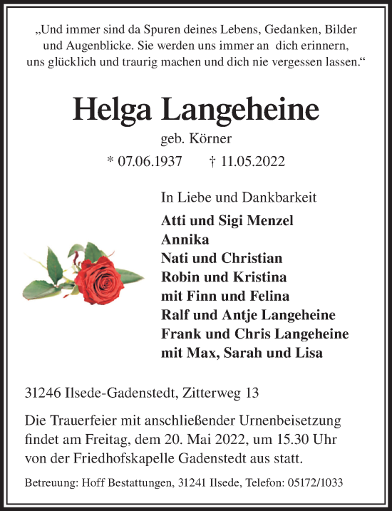 Traueranzeige von Helga Langeheine von Peiner Allgemeine Zeitung
