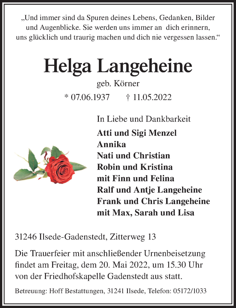  Traueranzeige für Helga Langeheine vom 18.05.2022 aus Peiner Allgemeine Zeitung