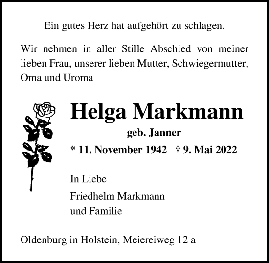 Traueranzeige von Helga Markmann von Lübecker Nachrichten