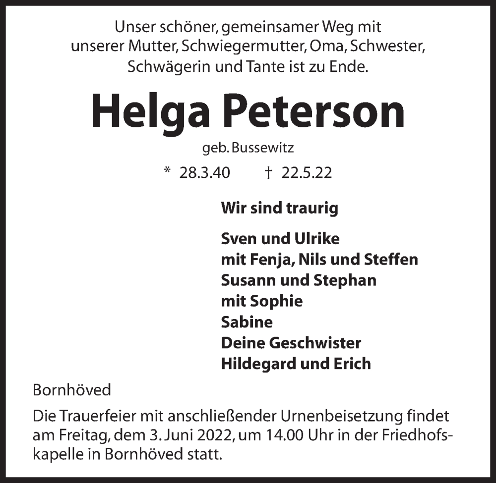  Traueranzeige für Helga Peterson vom 28.05.2022 aus Kieler Nachrichten