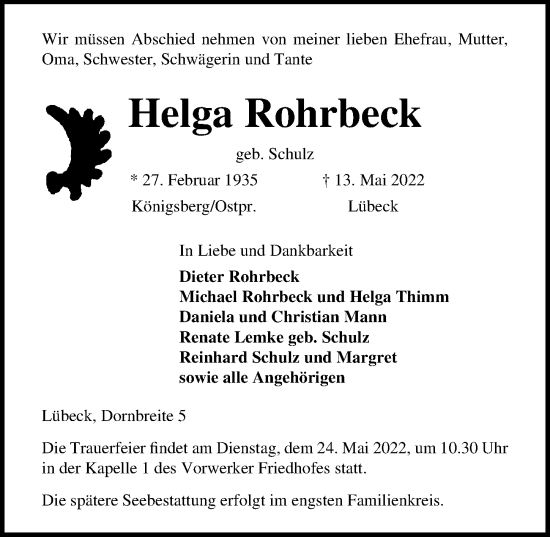 Traueranzeige von Helga Rohrbeck von Lübecker Nachrichten
