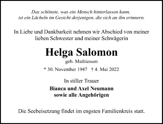Traueranzeige von Helga Salomon von Lübecker Nachrichten