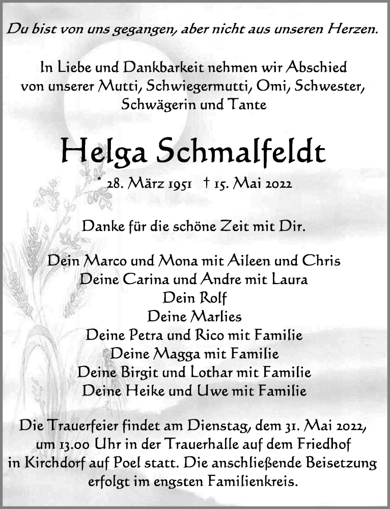  Traueranzeige für Helga Schmalfeldt vom 21.05.2022 aus Ostsee-Zeitung GmbH
