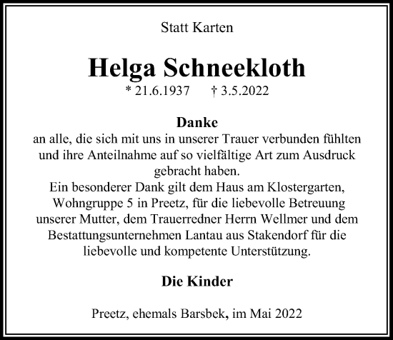 Traueranzeige von Helga Schneekloth von Kieler Nachrichten