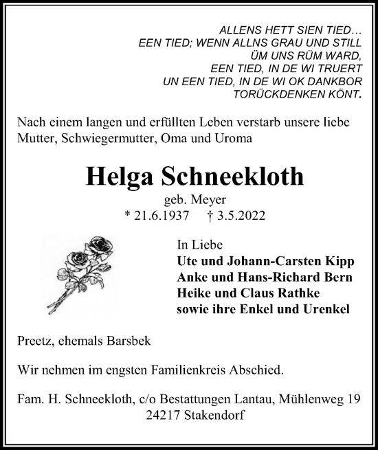 Traueranzeige von Helga Schneekloth von Kieler Nachrichten