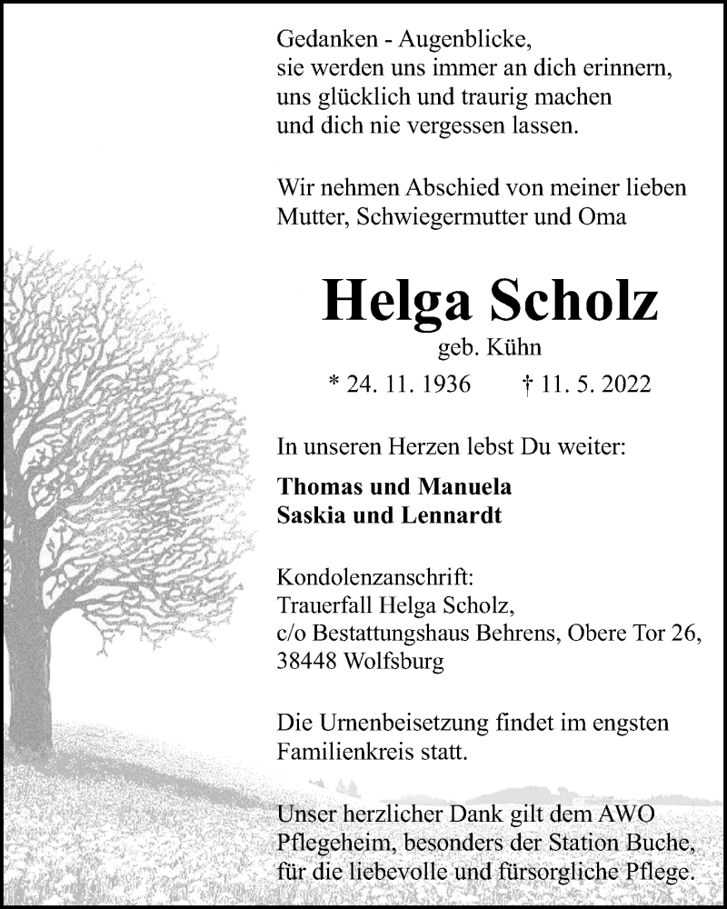  Traueranzeige für Helga Scholz vom 14.05.2022 aus Aller Zeitung