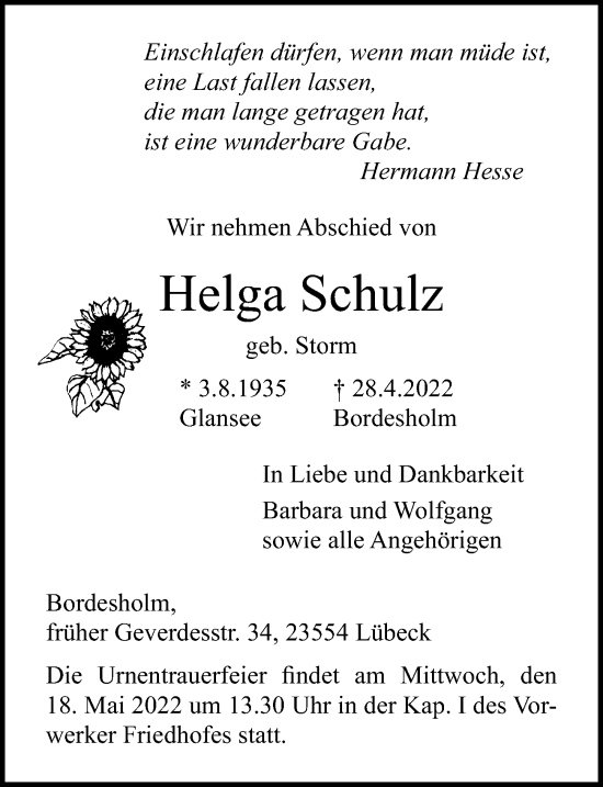 Traueranzeige von Helga Schulz von Lübecker Nachrichten