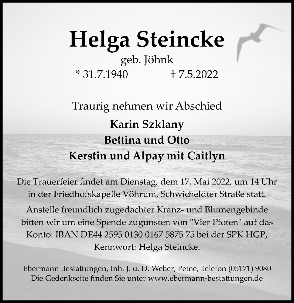  Traueranzeige für Helga Steincke vom 11.05.2022 aus Peiner Allgemeine Zeitung