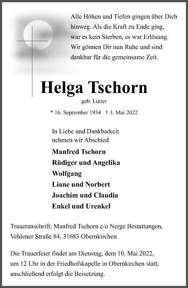  Traueranzeige für Helga Tschorn vom 07.05.2022 aus Schaumburger Nachrichten