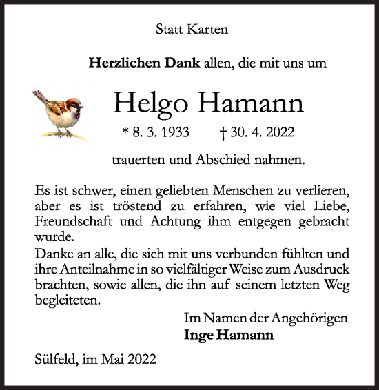 Traueranzeige von Helgo Hamann von Kieler Nachrichten