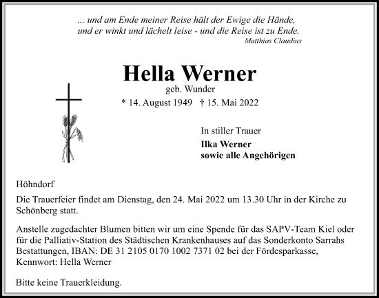 Traueranzeige von Hella Werner von Kieler Nachrichten