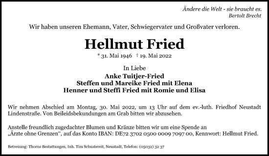 Traueranzeige von Hellmut Fried von Hannoversche Allgemeine Zeitung/Neue Presse