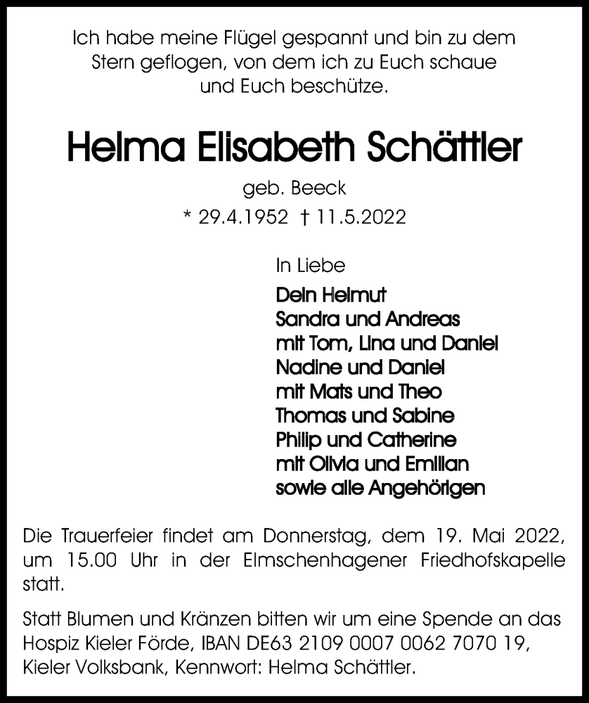  Traueranzeige für Helma Elisabeth Schättler vom 14.05.2022 aus Kieler Nachrichten