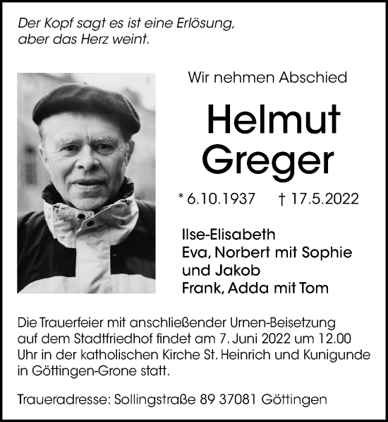 Traueranzeige von Helmut Greger von Göttinger Tageblatt