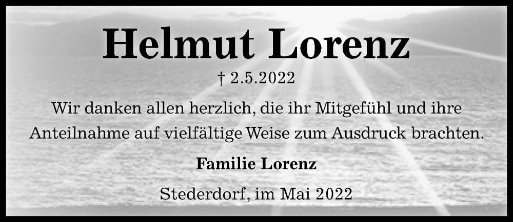  Traueranzeige für Helmut Lorenz vom 28.05.2022 aus Peiner Allgemeine Zeitung