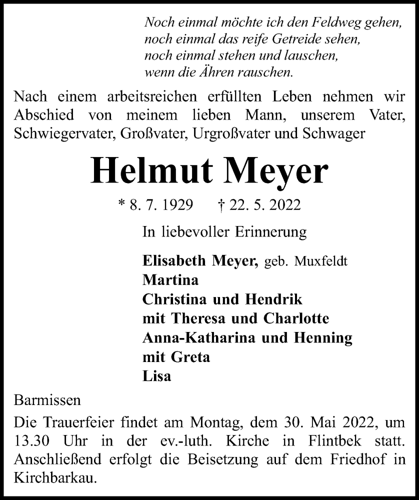  Traueranzeige für Helmut Meyer vom 25.05.2022 aus Kieler Nachrichten