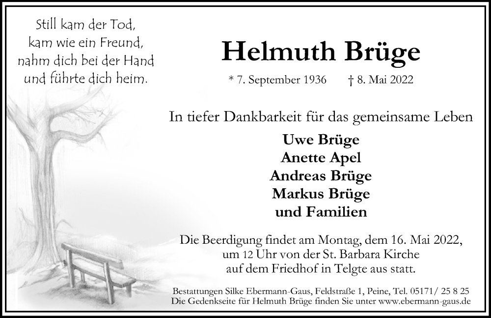  Traueranzeige für Helmuth Brüge vom 11.05.2022 aus Peiner Allgemeine Zeitung
