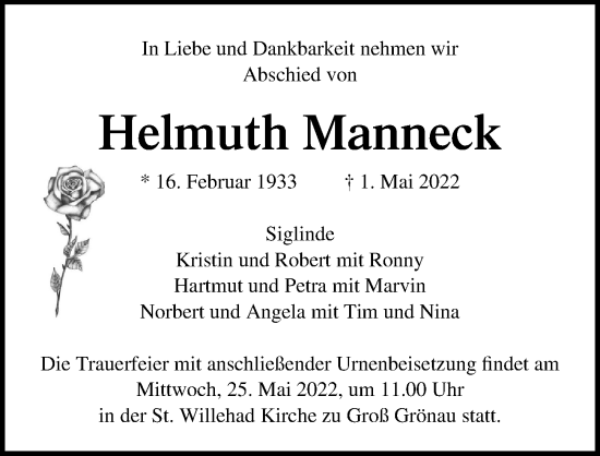 Traueranzeige von Helmuth Manneck von Lübecker Nachrichten