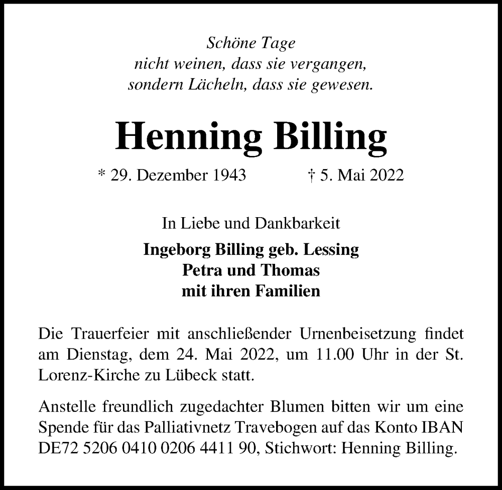  Traueranzeige für Henning Billing vom 22.05.2022 aus Lübecker Nachrichten