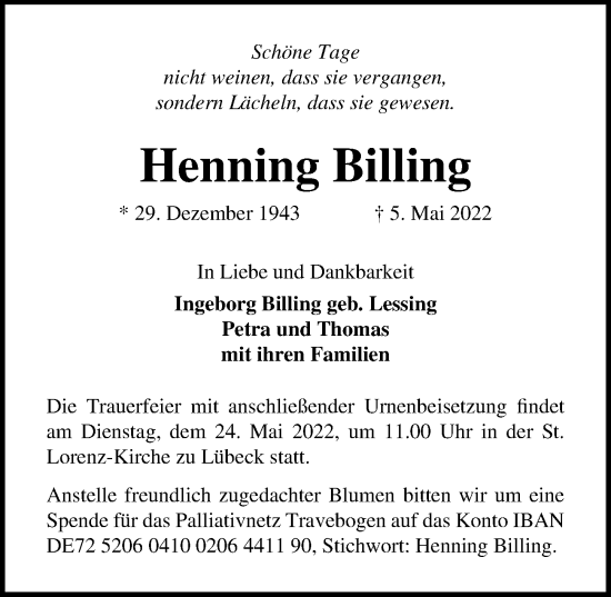 Traueranzeige von Henning Billing von Lübecker Nachrichten