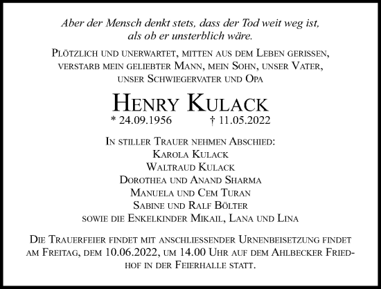 Traueranzeige von Henry Kulack von Ostsee-Zeitung GmbH