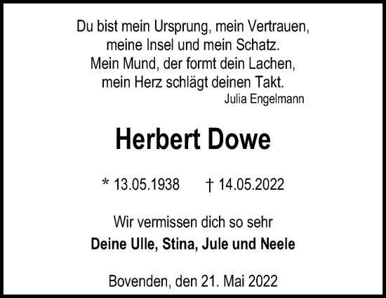 Traueranzeige von Herbert Dowe von Göttinger Tageblatt