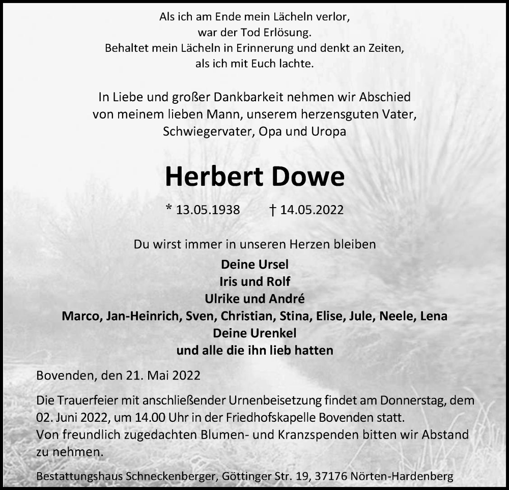  Traueranzeige für Herbert Dowe vom 21.05.2022 aus Göttinger Tageblatt