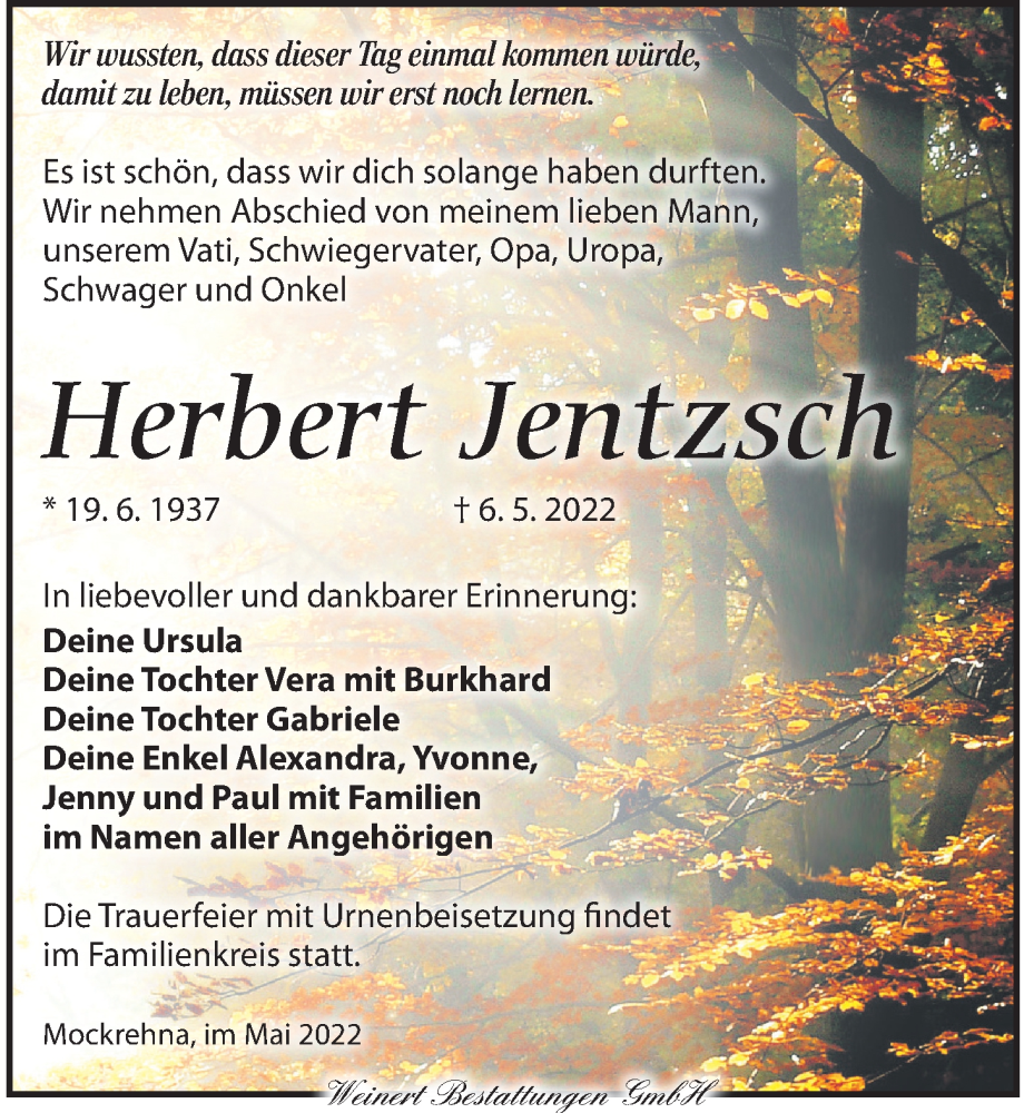  Traueranzeige für Herbert Jentzsch vom 14.05.2022 aus Torgauer Zeitung