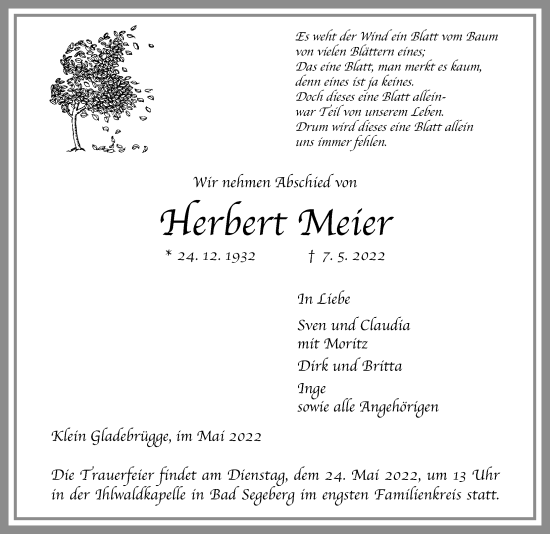 Traueranzeige von Herbert Meier von Lübecker Nachrichten