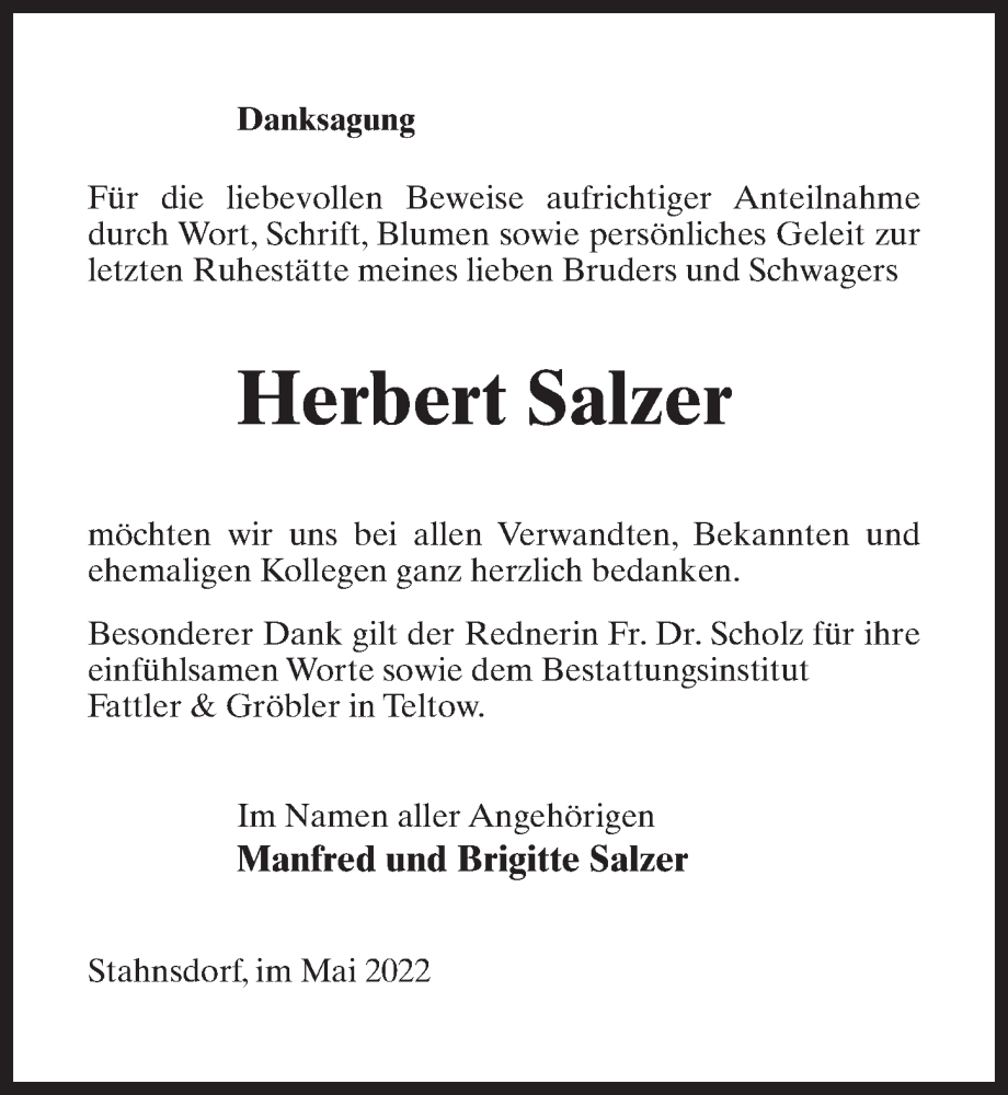  Traueranzeige für Herbert Salzer vom 07.05.2022 aus Märkischen Allgemeine Zeitung
