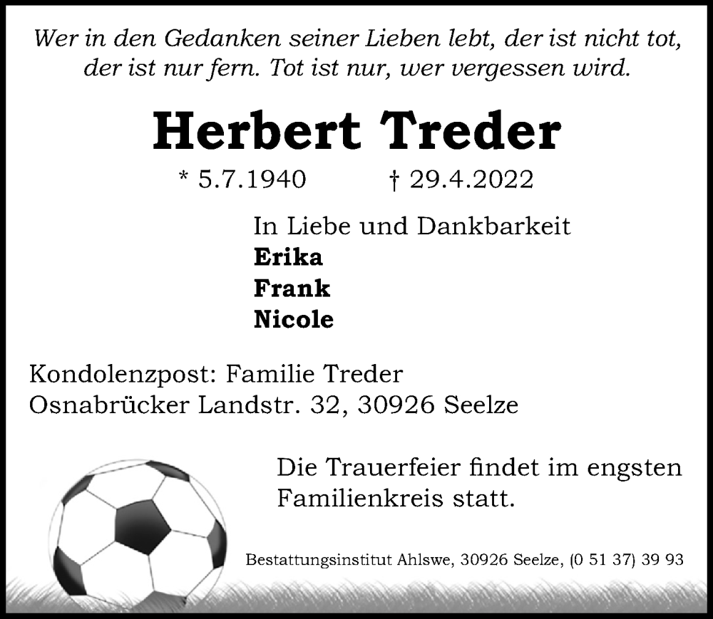  Traueranzeige für Herbert Treder vom 07.05.2022 aus Hannoversche Allgemeine Zeitung/Neue Presse