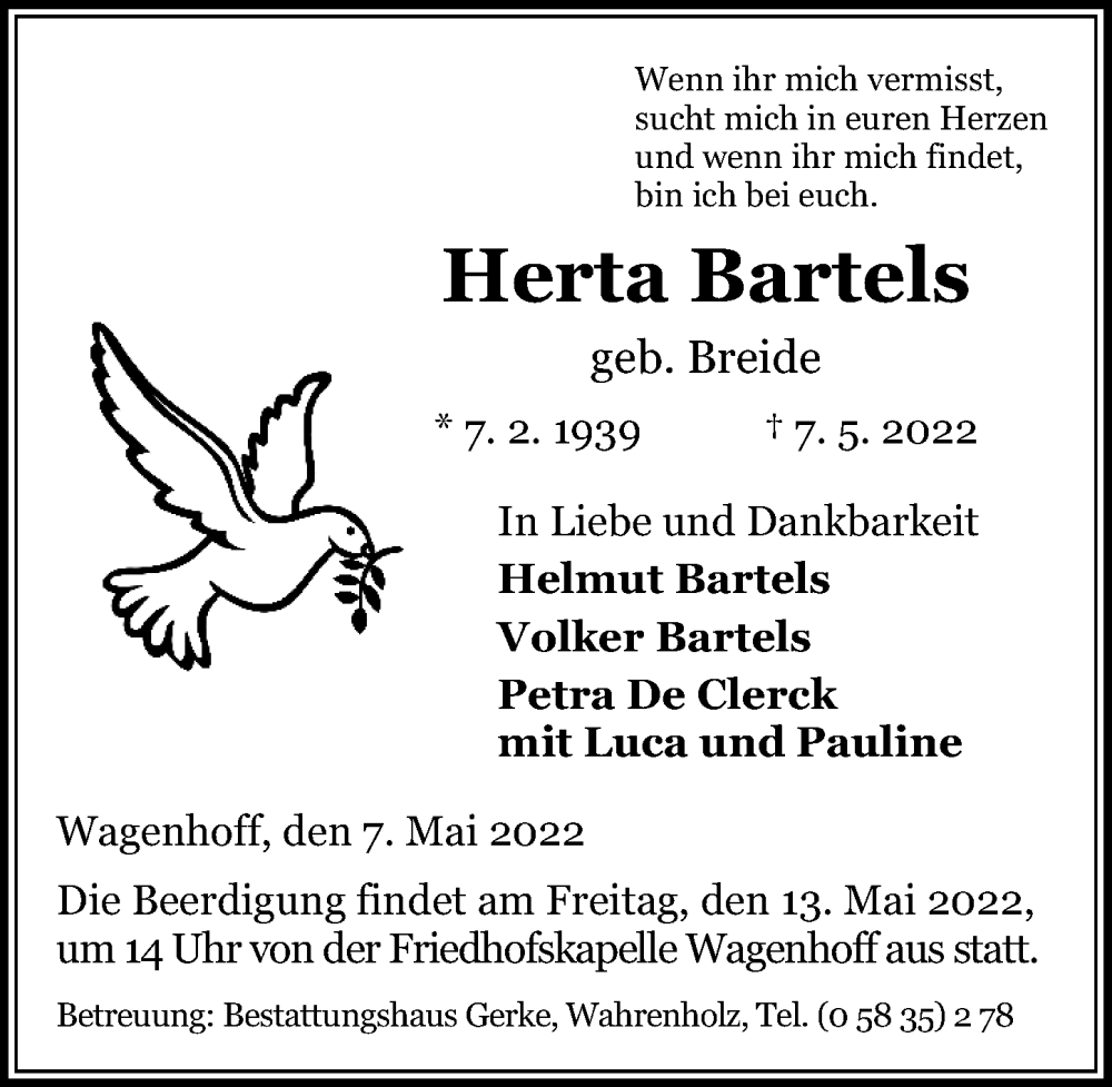  Traueranzeige für Herta Bartels vom 11.05.2022 aus Aller Zeitung