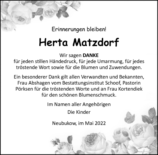 Traueranzeige von Herta Matzdorf von Ostsee-Zeitung GmbH