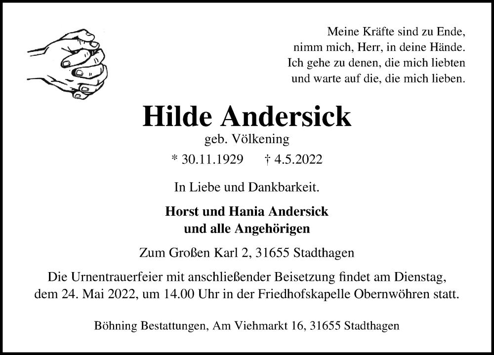  Traueranzeige für Hilde Andersick vom 18.05.2022 aus Schaumburger Nachrichten