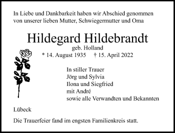 Traueranzeige von Hildegard Hildebrandt von Lübecker Nachrichten