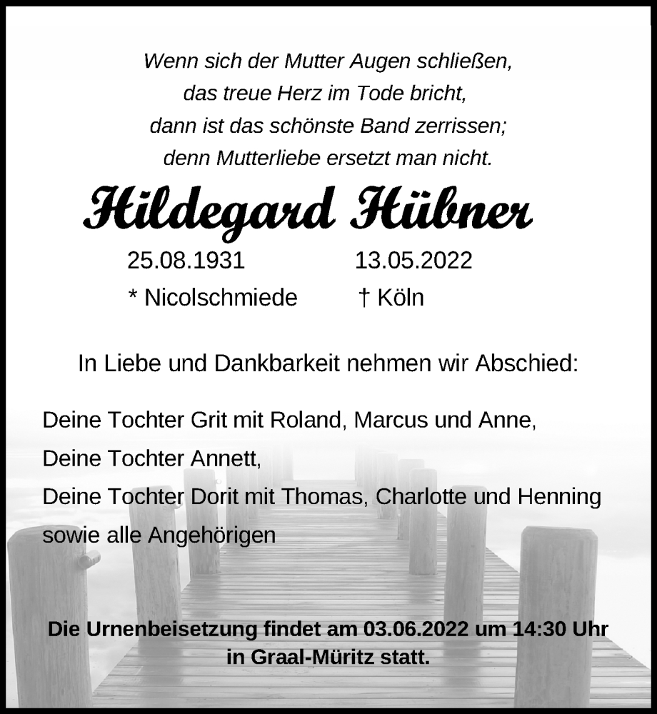  Traueranzeige für Hildegard Hübner vom 28.05.2022 aus Ostsee-Zeitung GmbH