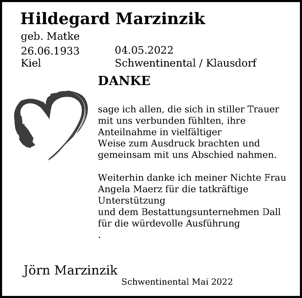  Traueranzeige für Hildegard Marzinzik vom 27.05.2022 aus Kieler Nachrichten