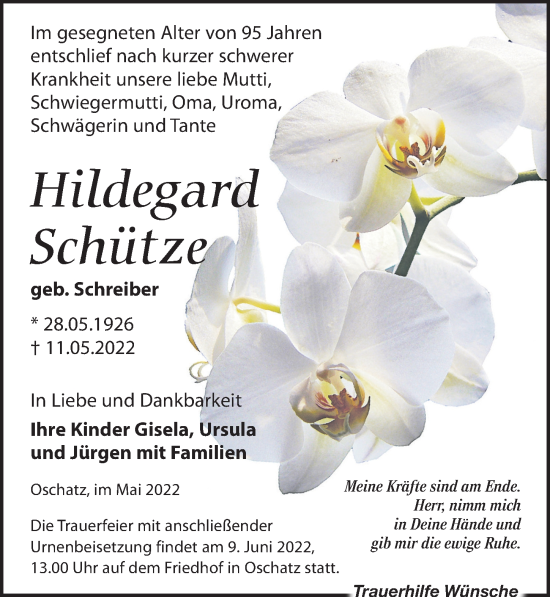 Traueranzeige von Hildegard Schütze von Leipziger Volkszeitung