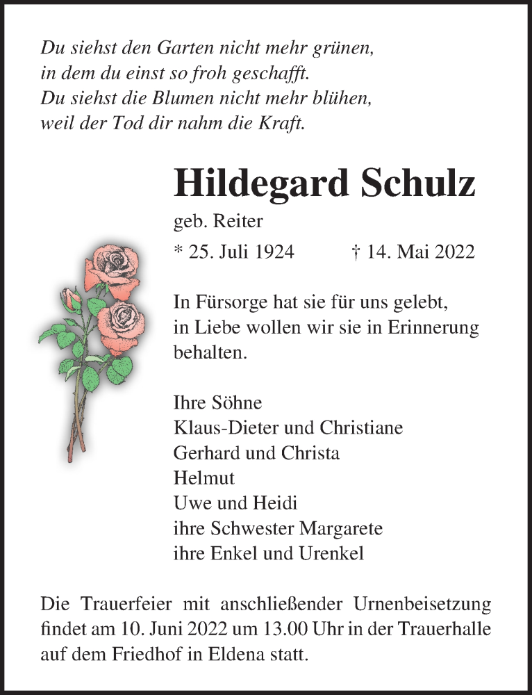  Traueranzeige für Hildegard Schulz vom 21.05.2022 aus Ostsee-Zeitung GmbH