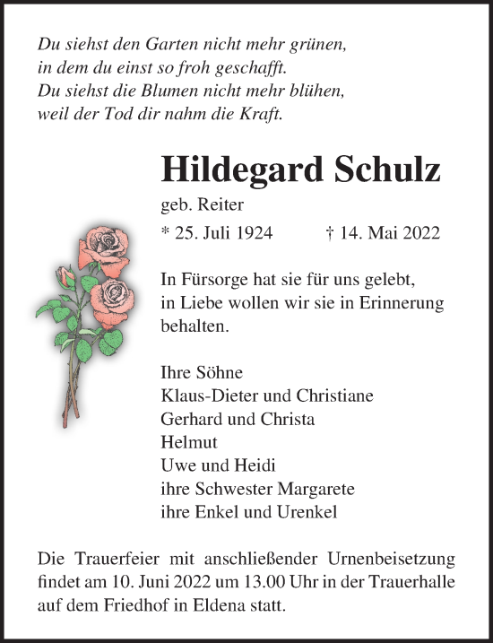 Traueranzeige von Hildegard Schulz von Ostsee-Zeitung GmbH